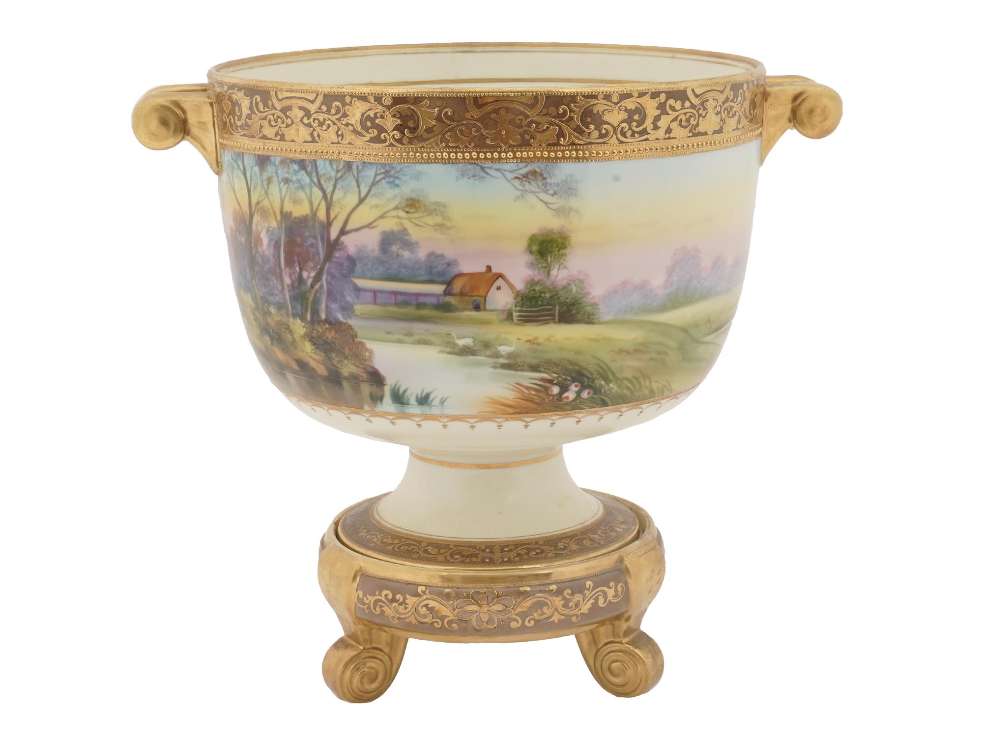 NIPPON WARE GILT PORCELAIN FLOWER POT WITH STAND PIC-0